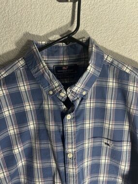 Vineyard Vines Linen Slim Fit Tucker Shirt Mens L Blue Plaid Long Sleeve Button